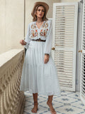 Plus Size Printed Tie Neck Long Sleeve Midi Dress 