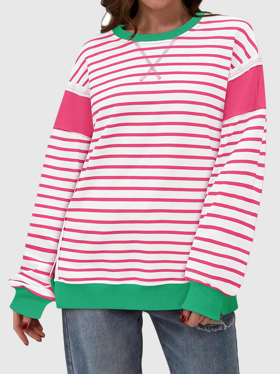 Slit Exposed Seam Striped Long Sleeve Sweatshirt 