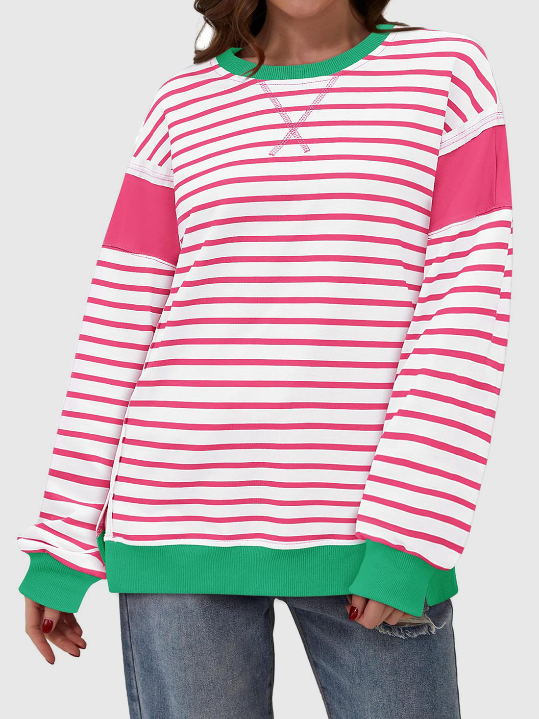 Slit Exposed Seam Striped Long Sleeve Sweatshirt 