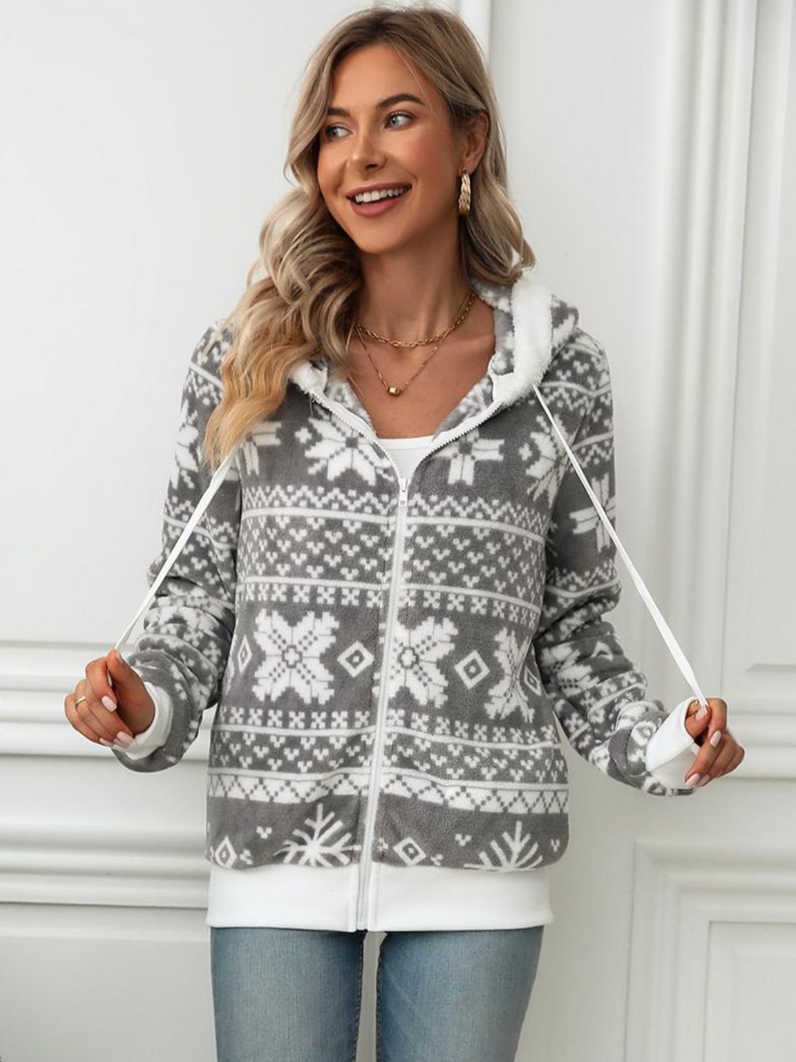 Drawstring Snowflake Zip Up Hooded Outerwear 