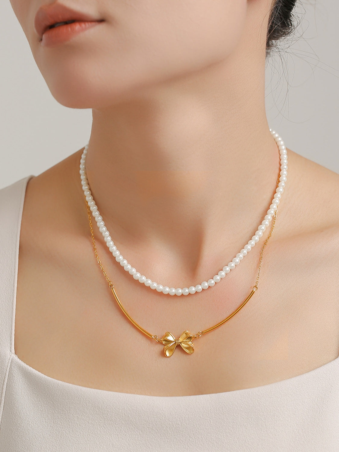 3 Piece Pearl Necklace, Bow Necklace and Stud Earrings Jewelry Set 