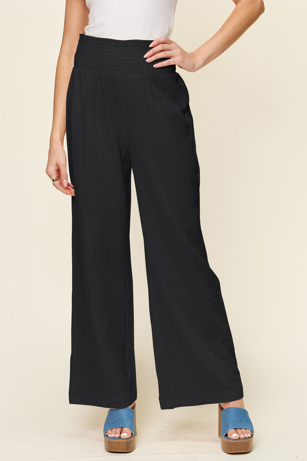 Double Take Full Size Texture Smocked Waist Wide Leg Pants 