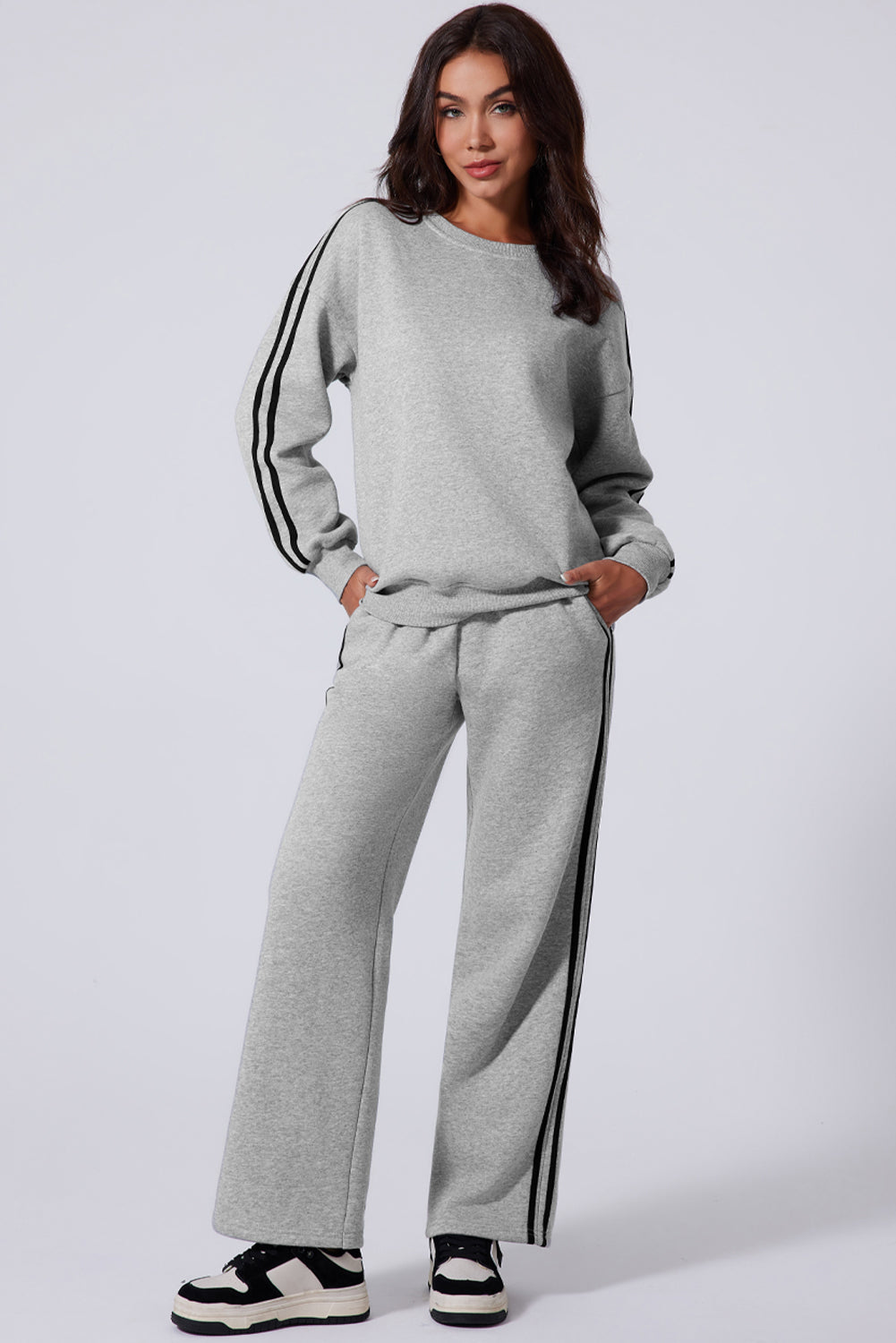 Side Striped Round Neck Top and Pants Active Set 