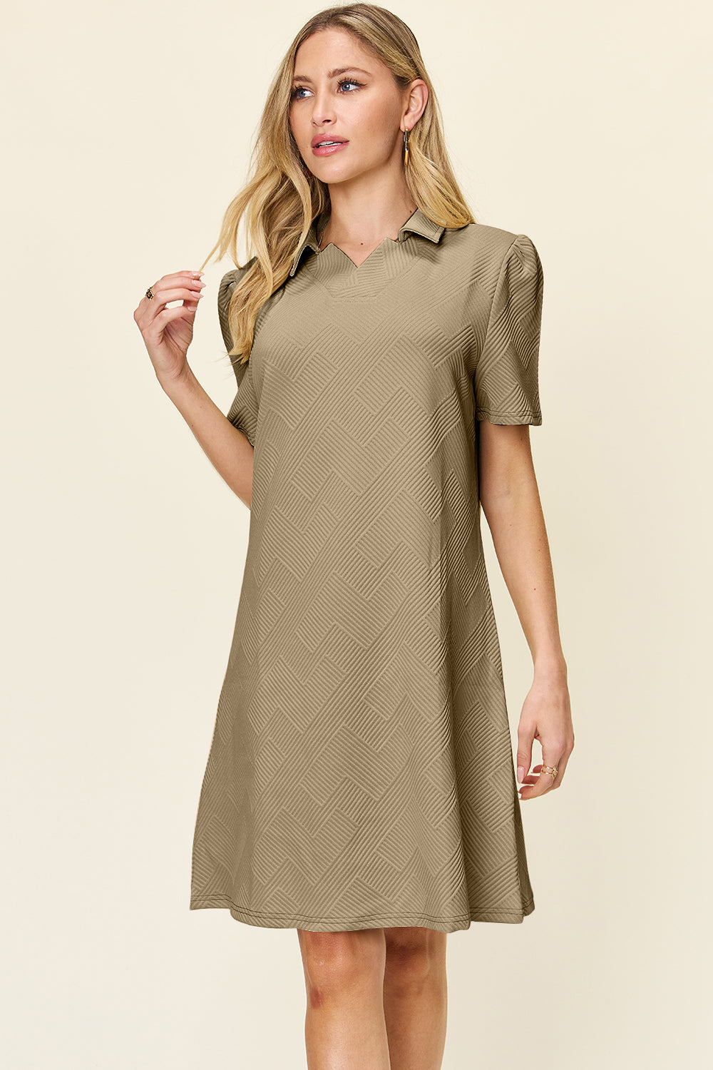Double Take Full Size Texture Collared Neck Short Sleeve Dress 