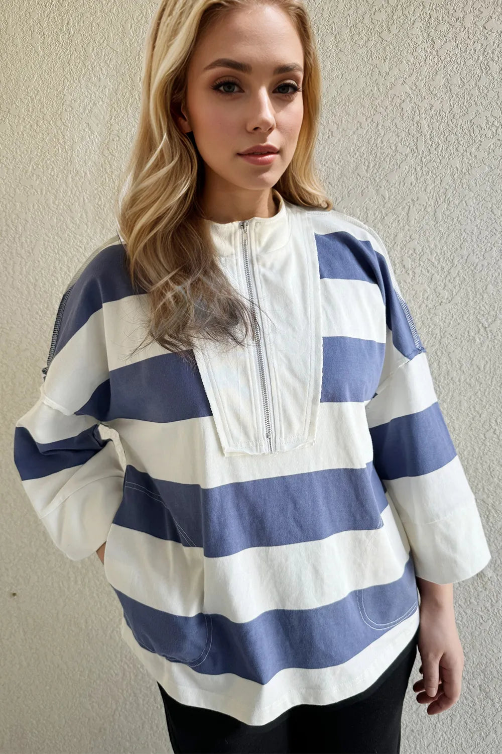 Oh Pima Cotton Wash Striped Half Zip Mock Neck Long Sleeve Top 