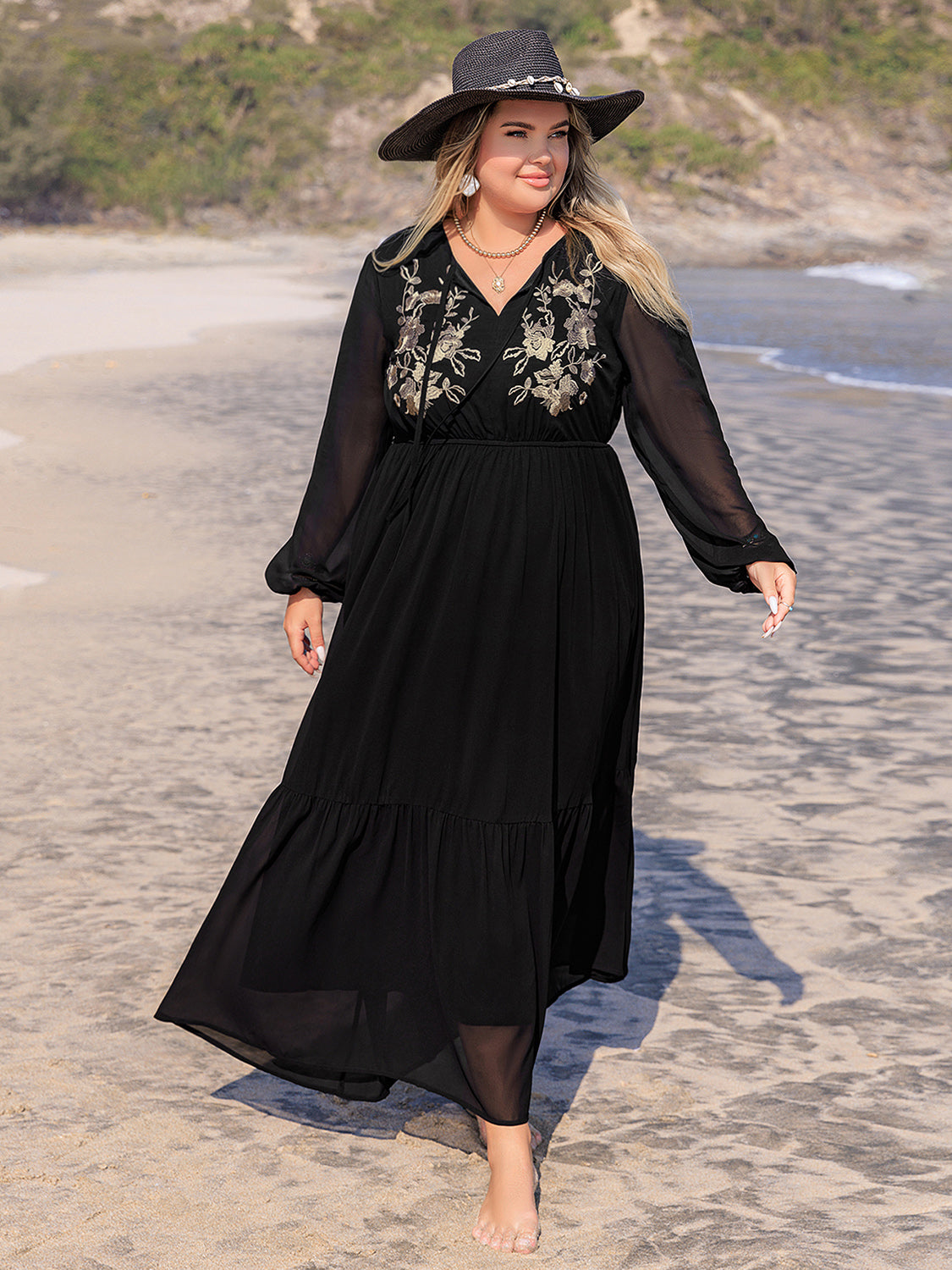 Plus Size Embroidered Tie Neck Long Sleeve Dress 