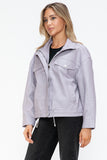 How Dare U Drawstring Hem PU Leather Zip Up Jacket 