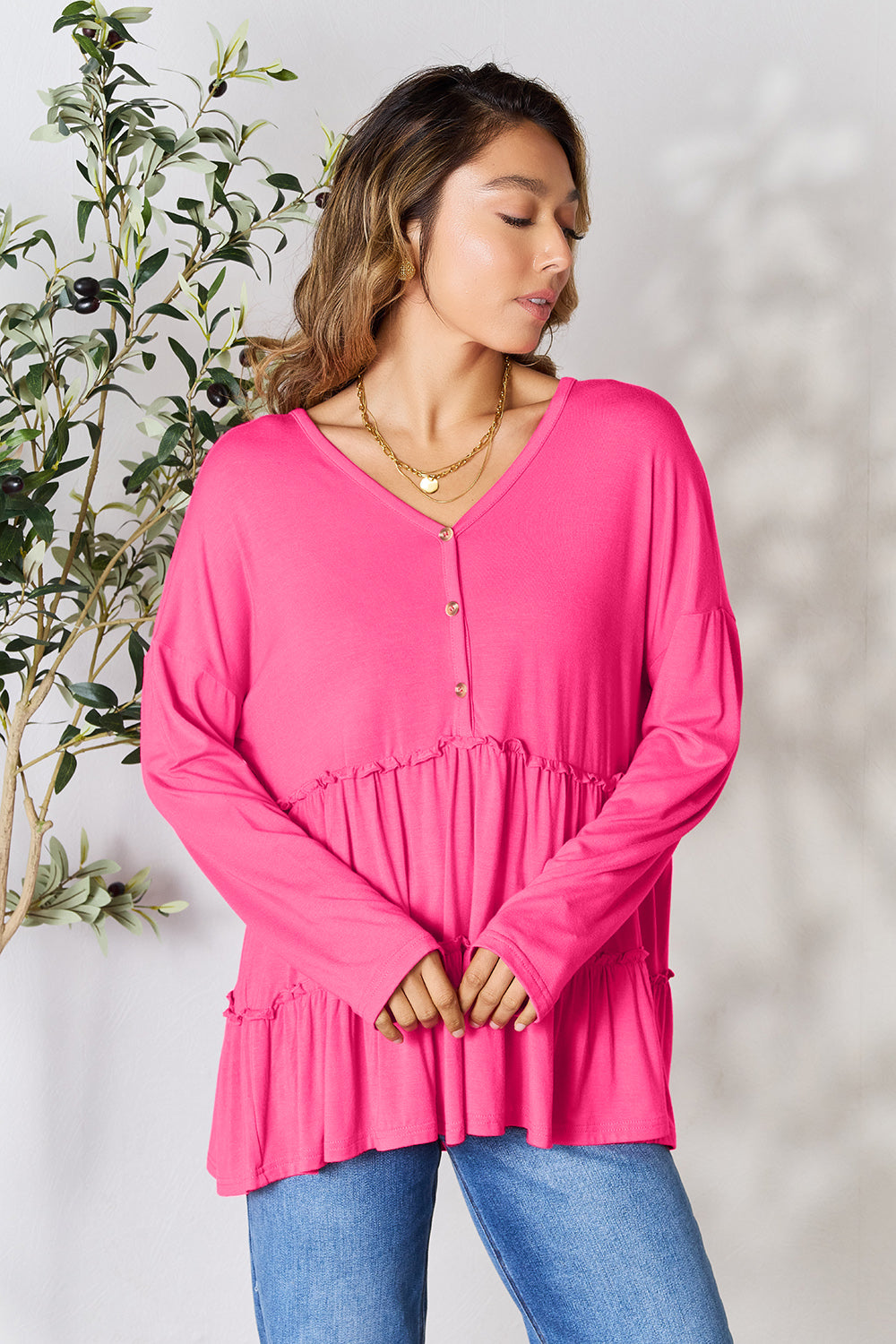 Double Take Half Button Long Sleeve Ruffle Hem Blouse 