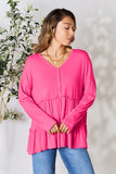 Double Take Half Button Long Sleeve Ruffle Hem Blouse 