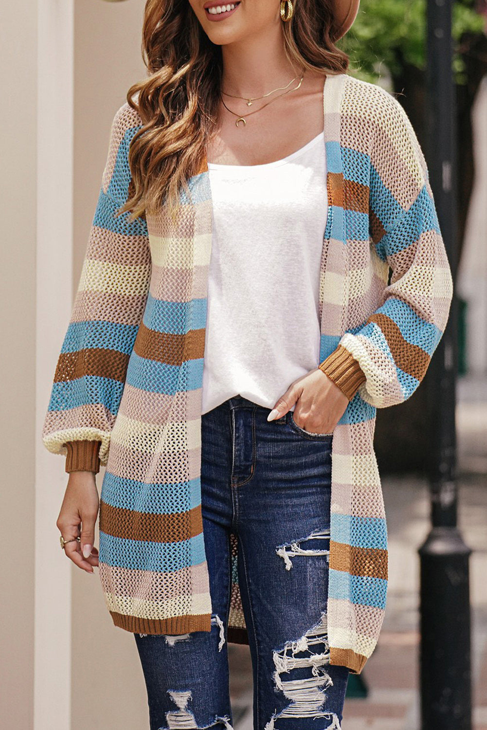 Full Size Striped Long Sleeve Openwork Cardigan 