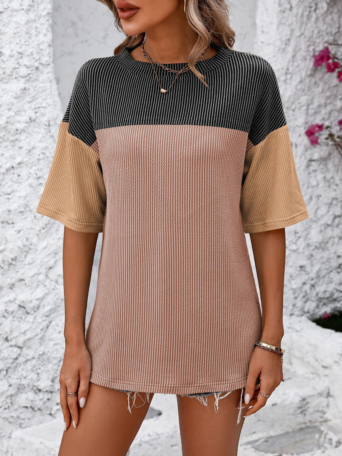 Mandy Color Block Round Neck Half Sleeve T-Shirt 