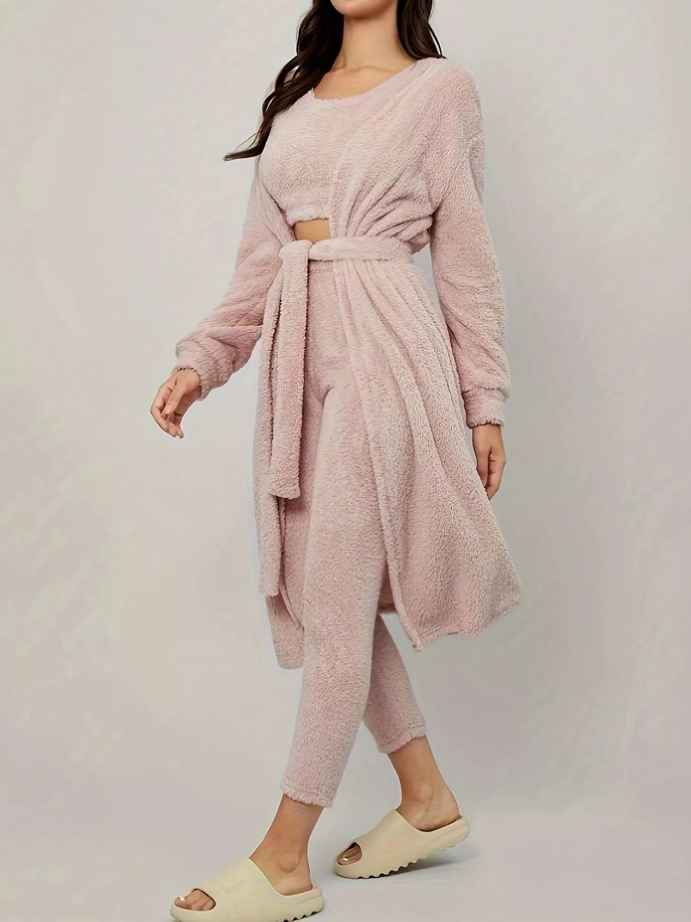Fuzzy Tank Long Sleeve Cardigan and Pants 3-Piece Lounge Set Lingerie & Nightwear