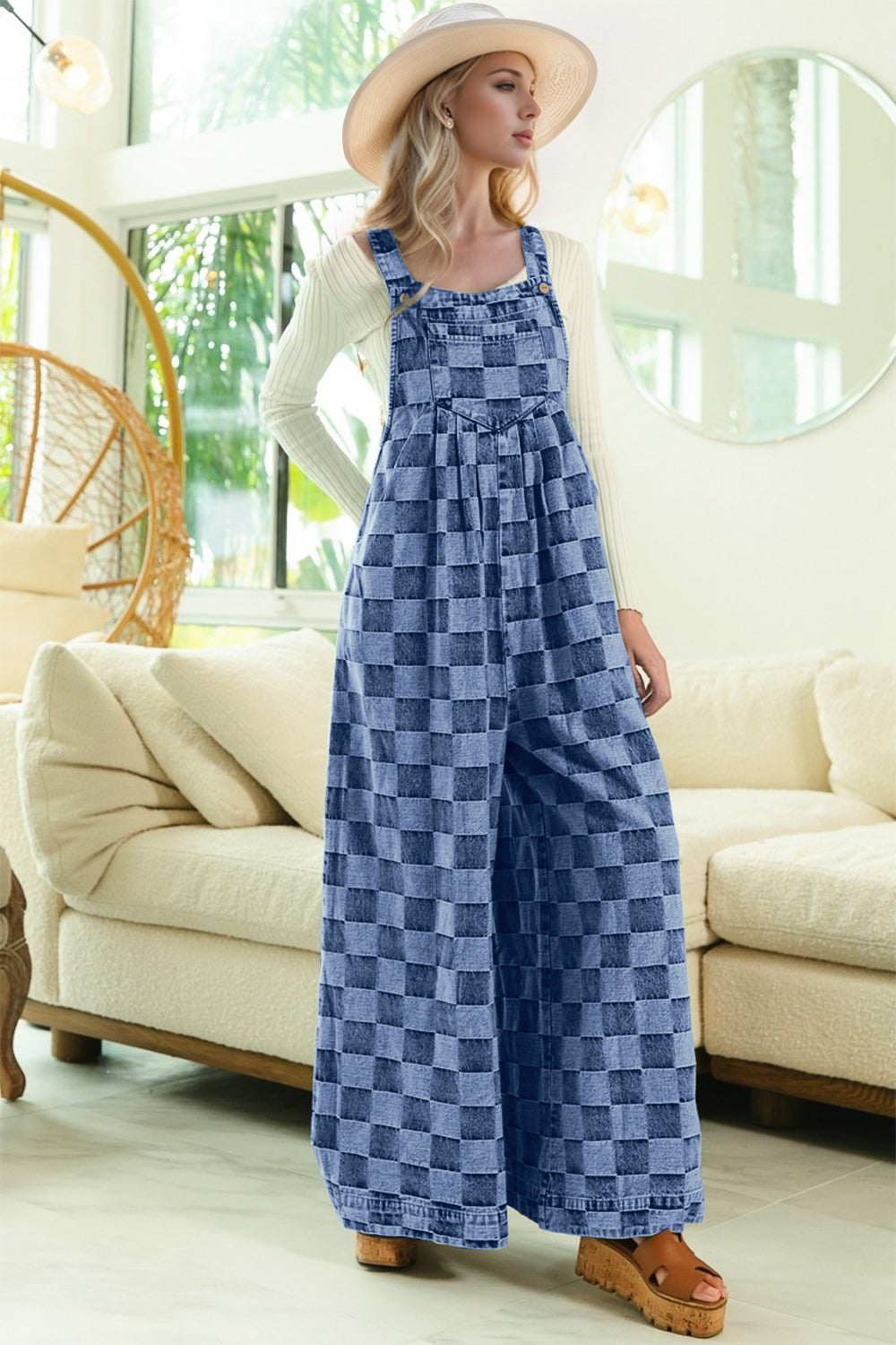 Double Take Checkered Sleeveless Wide Leg Denim Jumpsuit 