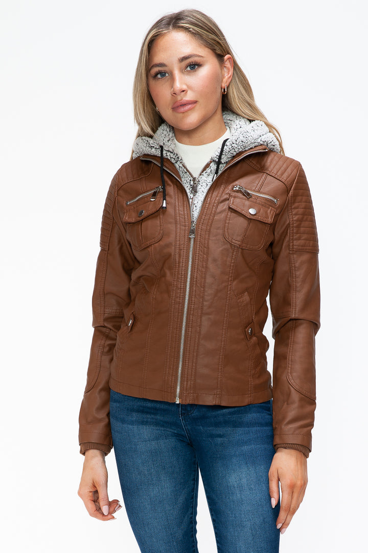 YMI Removable Faux Layered Multi-Pocket Jacket with Fuzzy Hood 