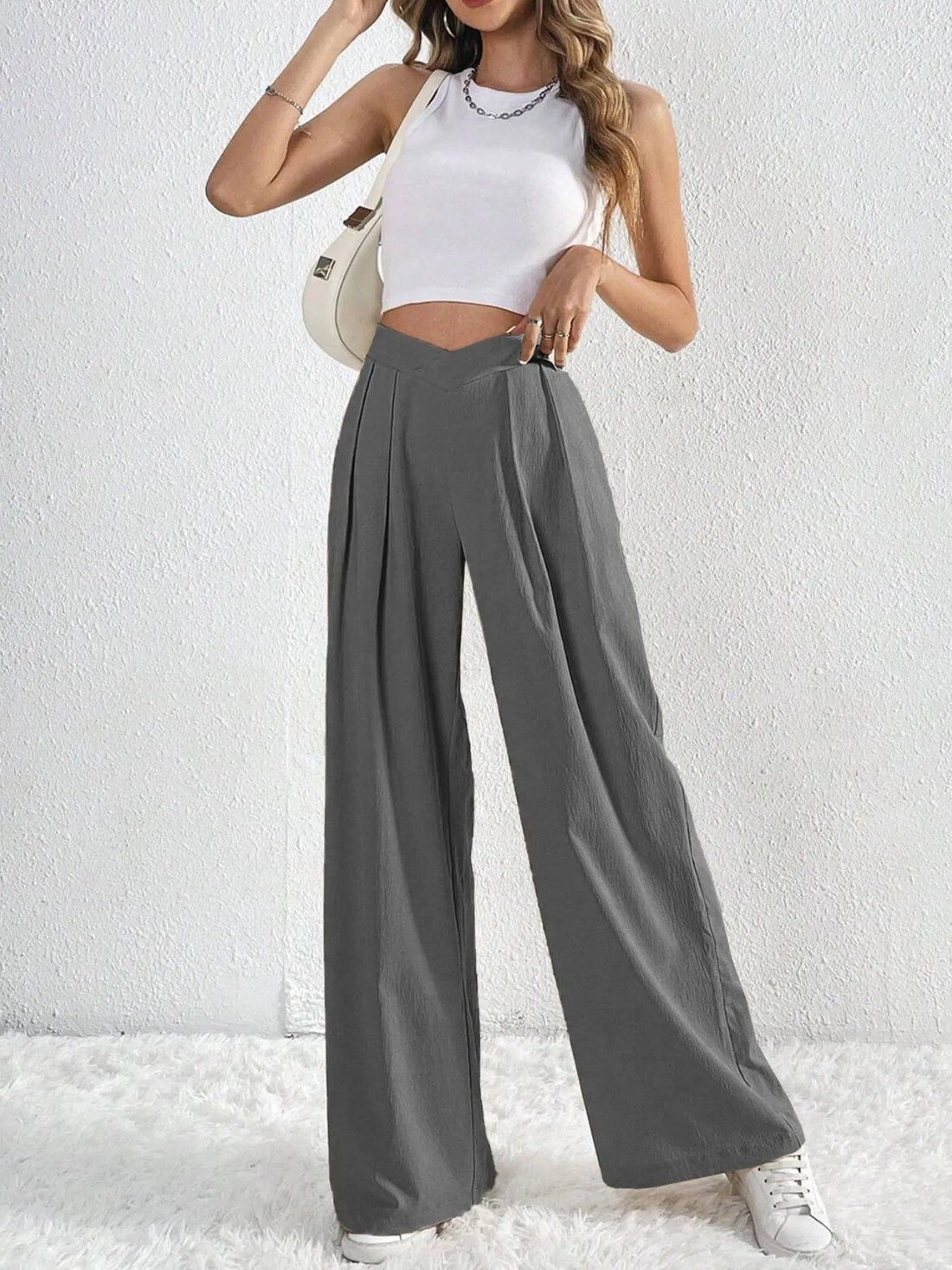 V-Waisted Ruched Front Wide Leg Pants 