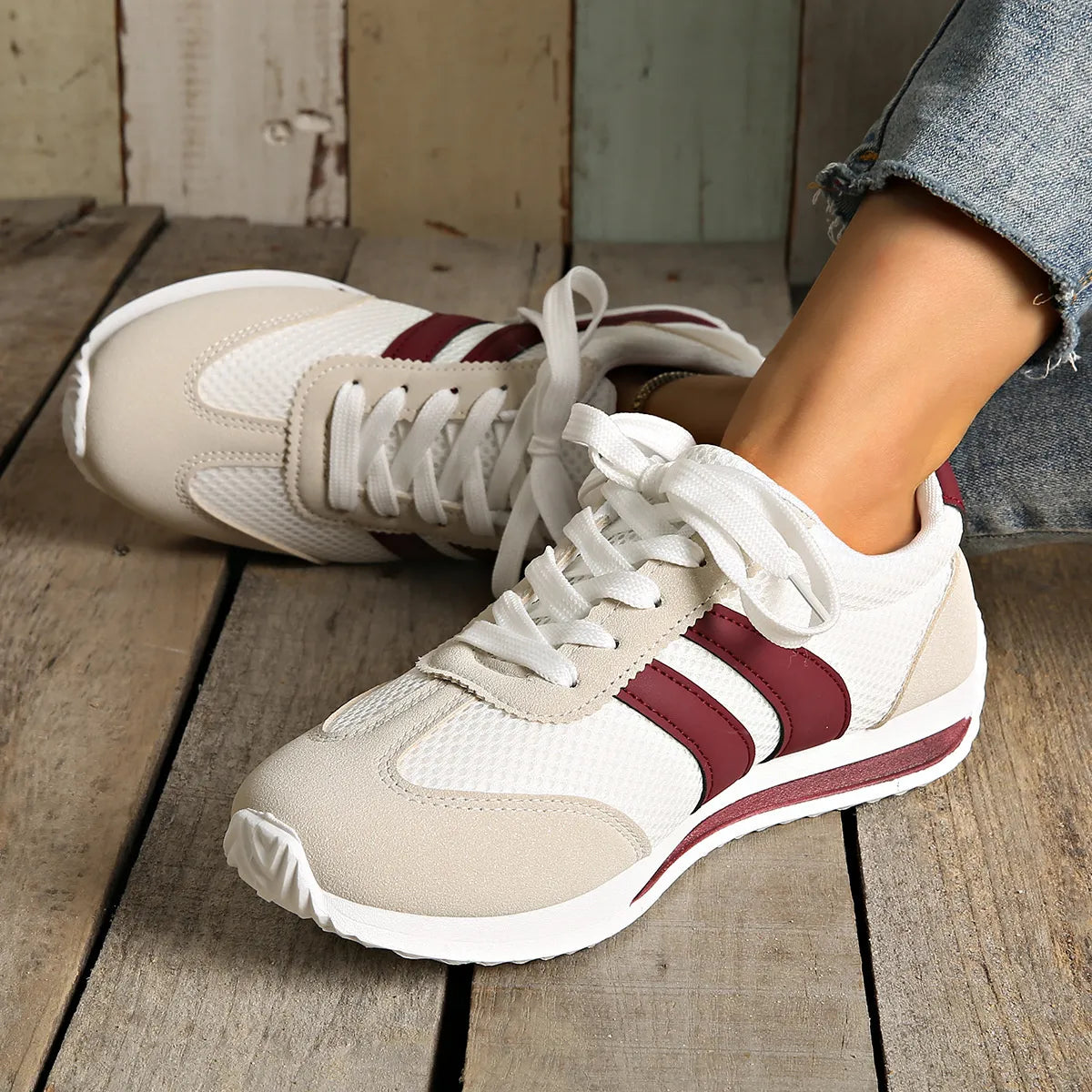 Striped Contrast Mesh Lace Up Sneakers 