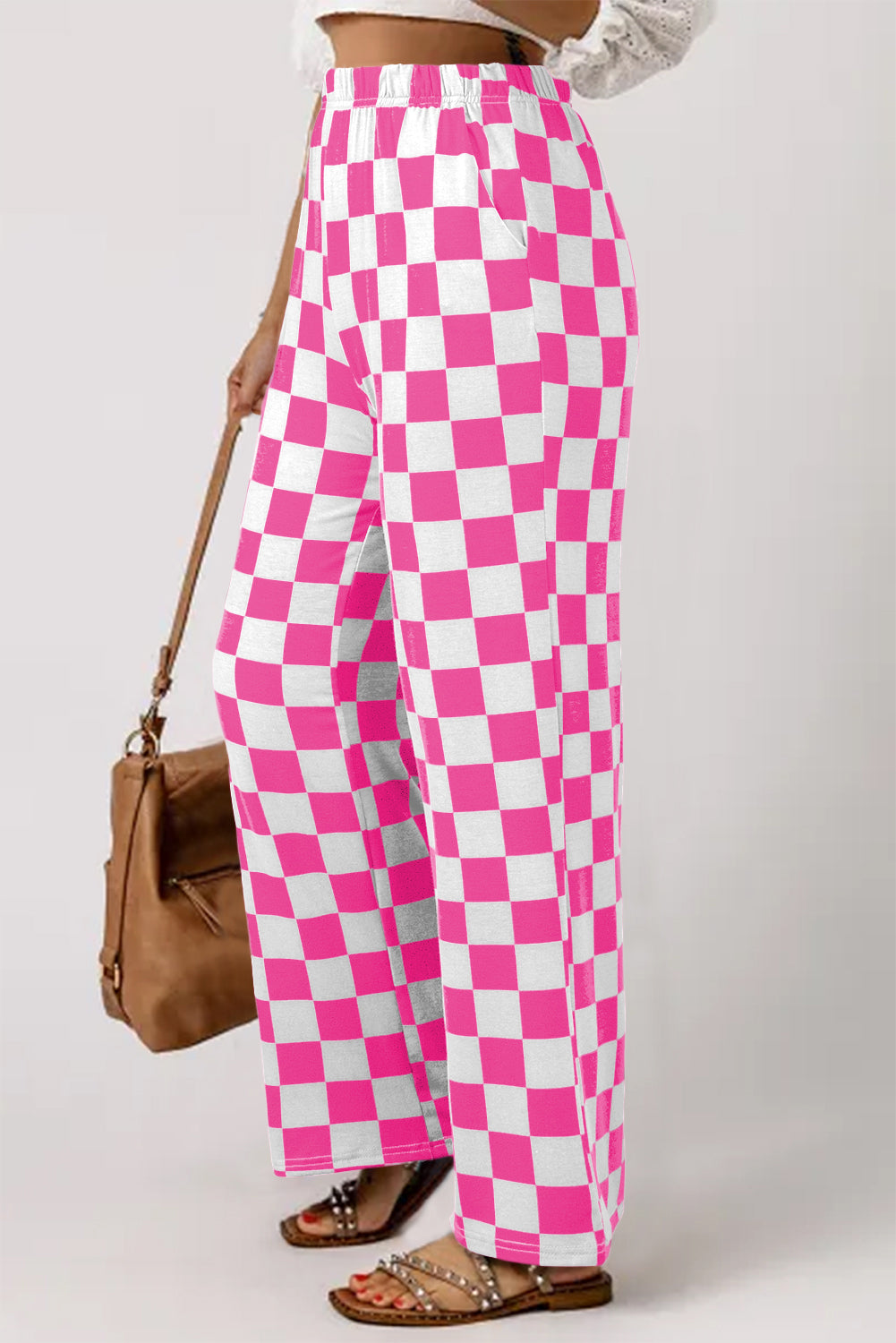 Black 2-Tone Checked Print High Waist Wide Leg Pants Bottoms/Pants & Culotte