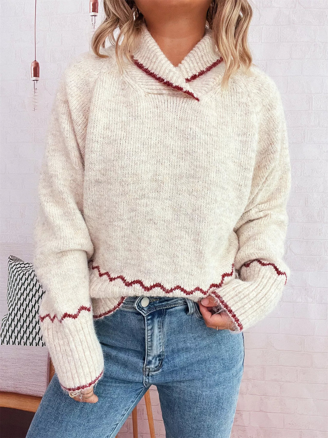 Ribbed Contrast Trim Long Sleeve Sweater 