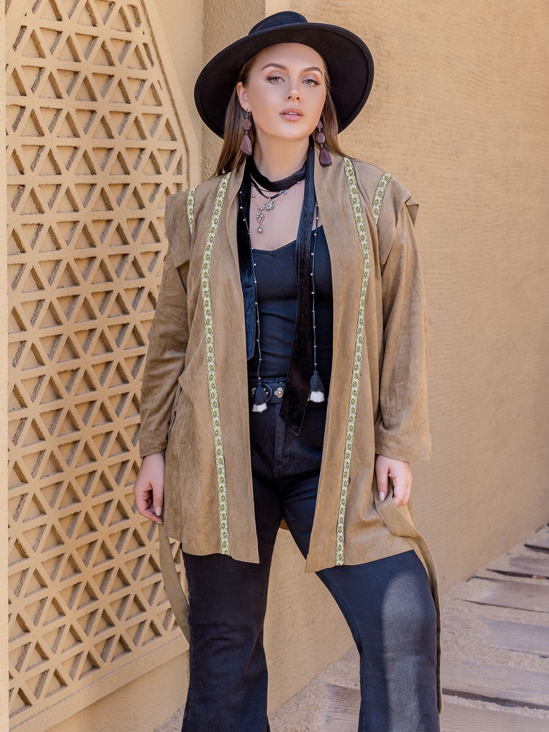 Plus Size Long Sleeve Tie Waist Cardigan 