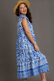 Umgee Full Size Two Tone Border Print Ruffle Cap Sleeve Midi Dress Plus Size Dresses