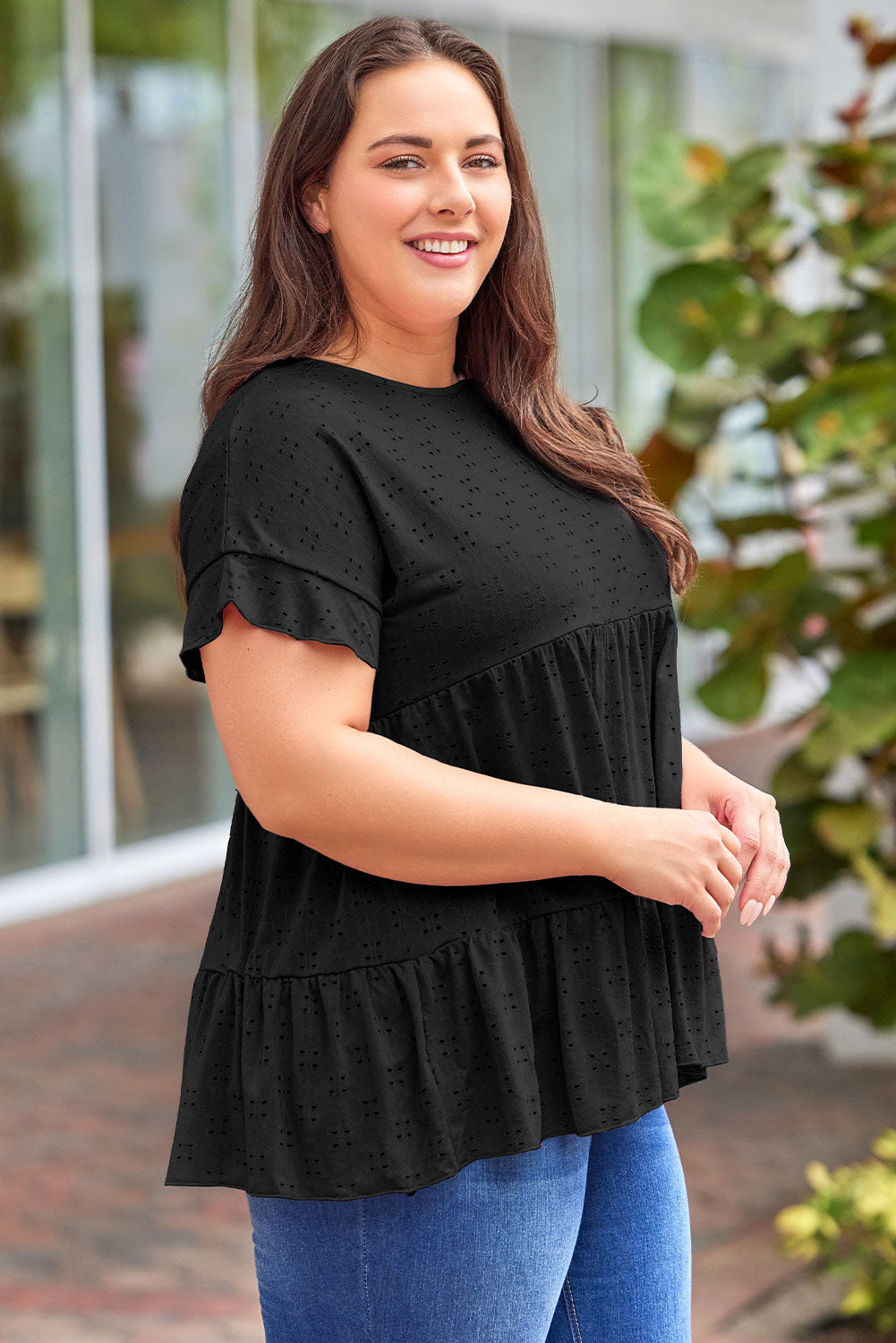 Plus Size Eyelet Round Neck Short Sleeve Blouse 