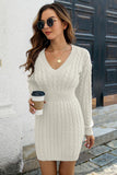 Cable-Knit V-Neck Long Sleeve Mini Sweater Dress Dresses