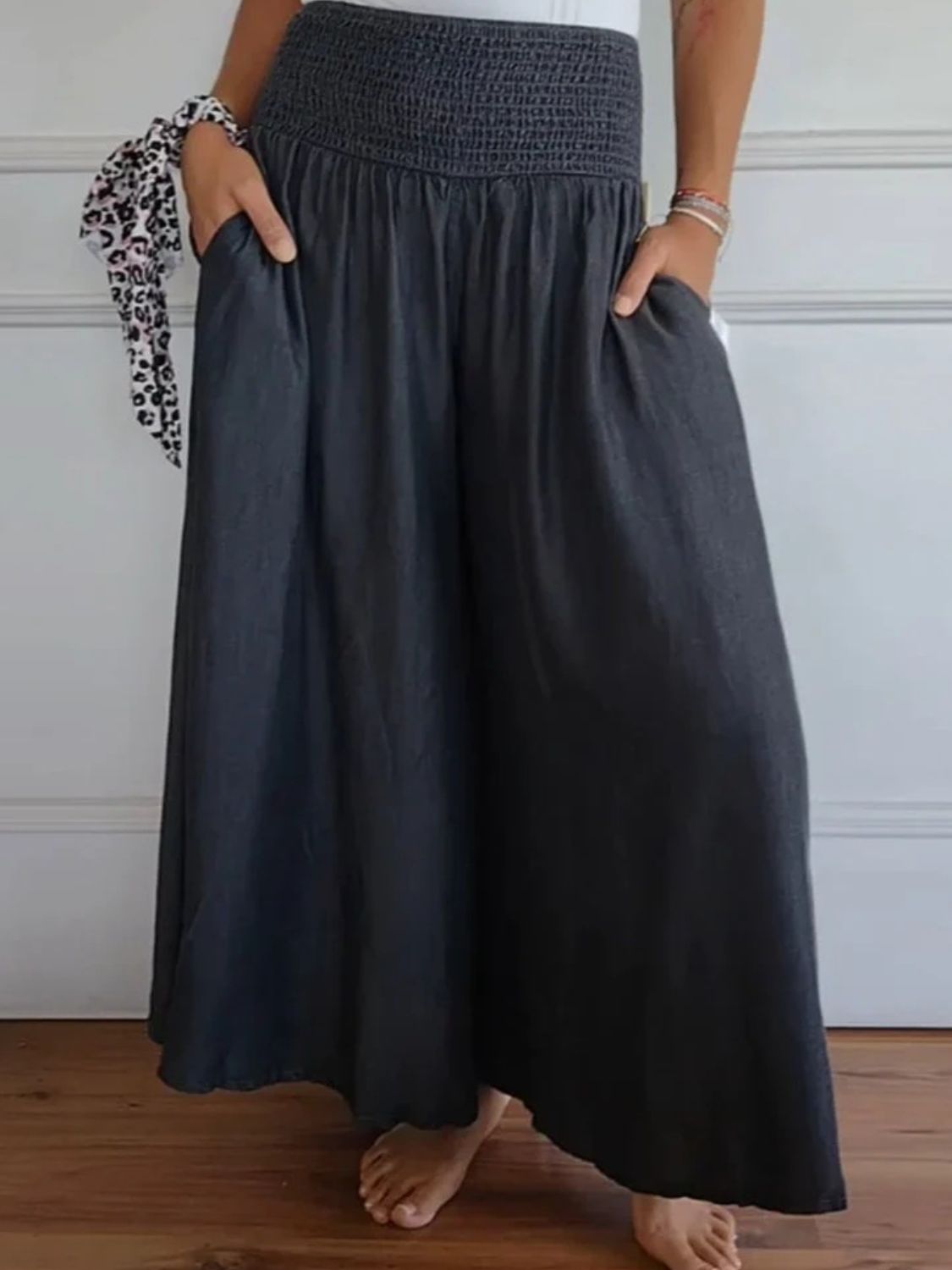 Full Size Smocked Wide Leg Pants with Pockets 