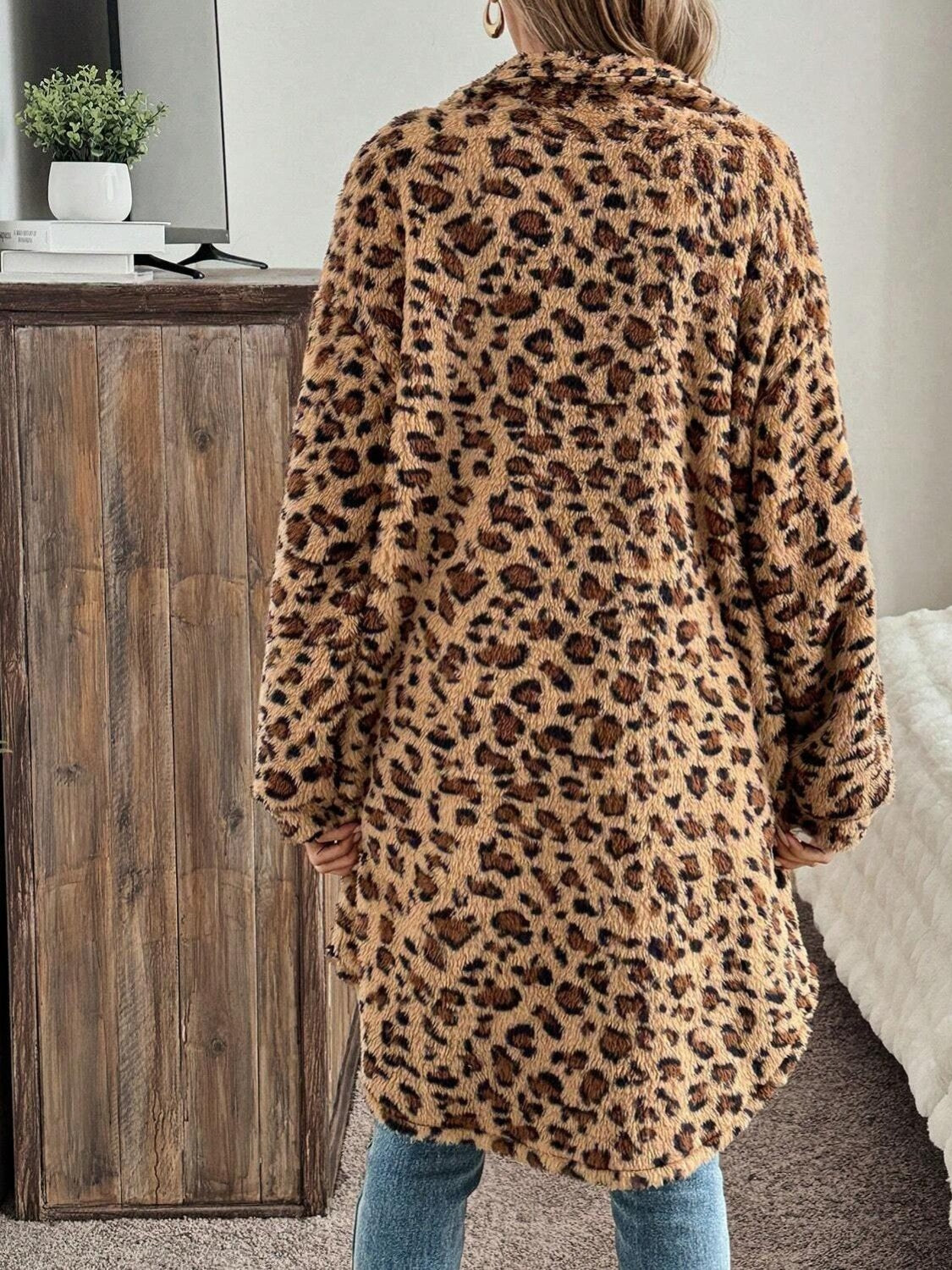 Leopard Button Up Long Sleeve Fuzzy Coat 