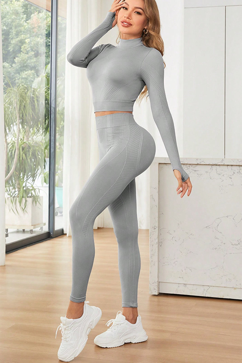 Mock Neck Long Sleeve Top and Leggings Active Set 