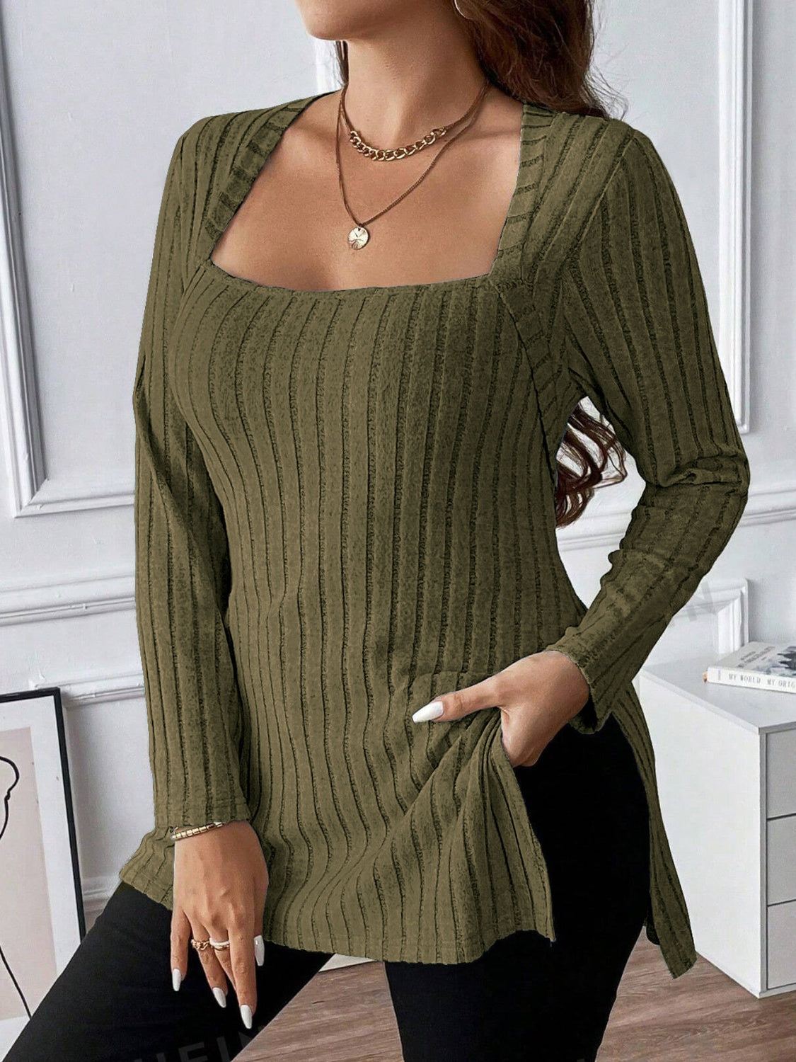 Plus Size Square Neck Long Sleeve Top 