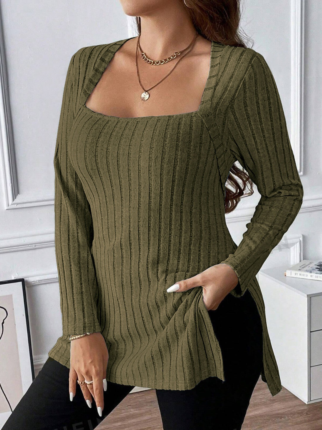 Plus Size Square Neck Long Sleeve Top 