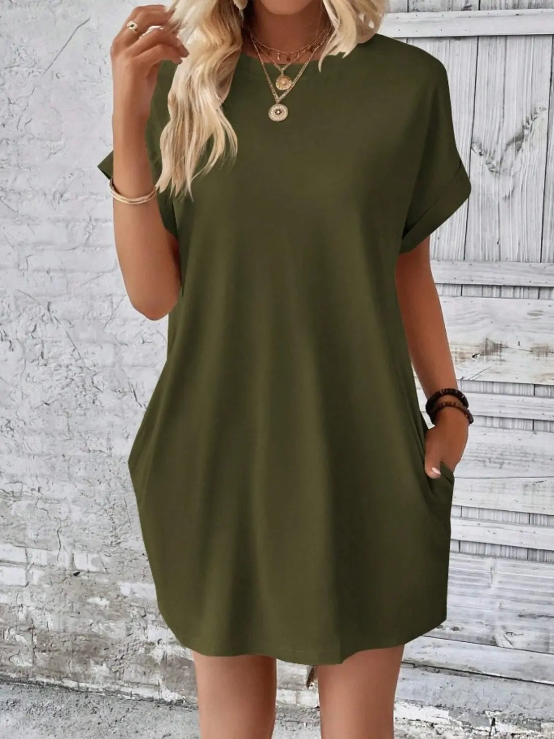 Pocketed Round Neck Short Sleeve Dress 