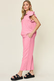 Double Take Texture Ruffle Short Sleeve Top and Drawstring Wide Leg Pants Set 