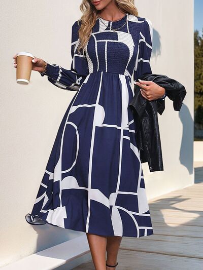 Perfee Smocked Color Block Long Sleeve Midi Dress Dresses