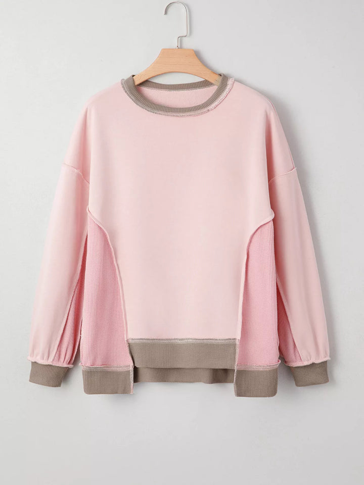Color Block Mix Texture Waffle Patchwork Oversize Sweatshirt 