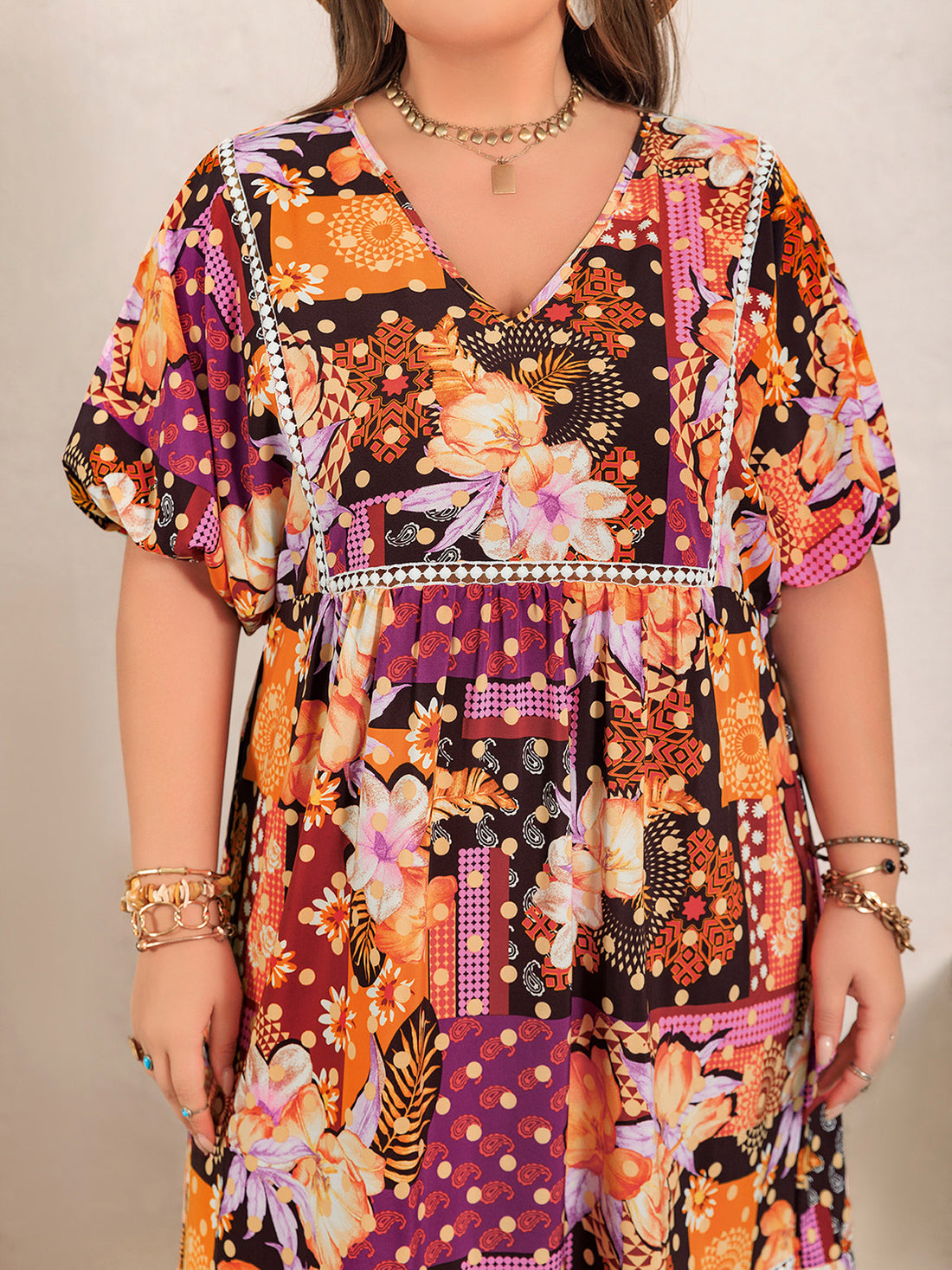 Plus Size Printed V-Neck Half Sleeve Maxi Dress 