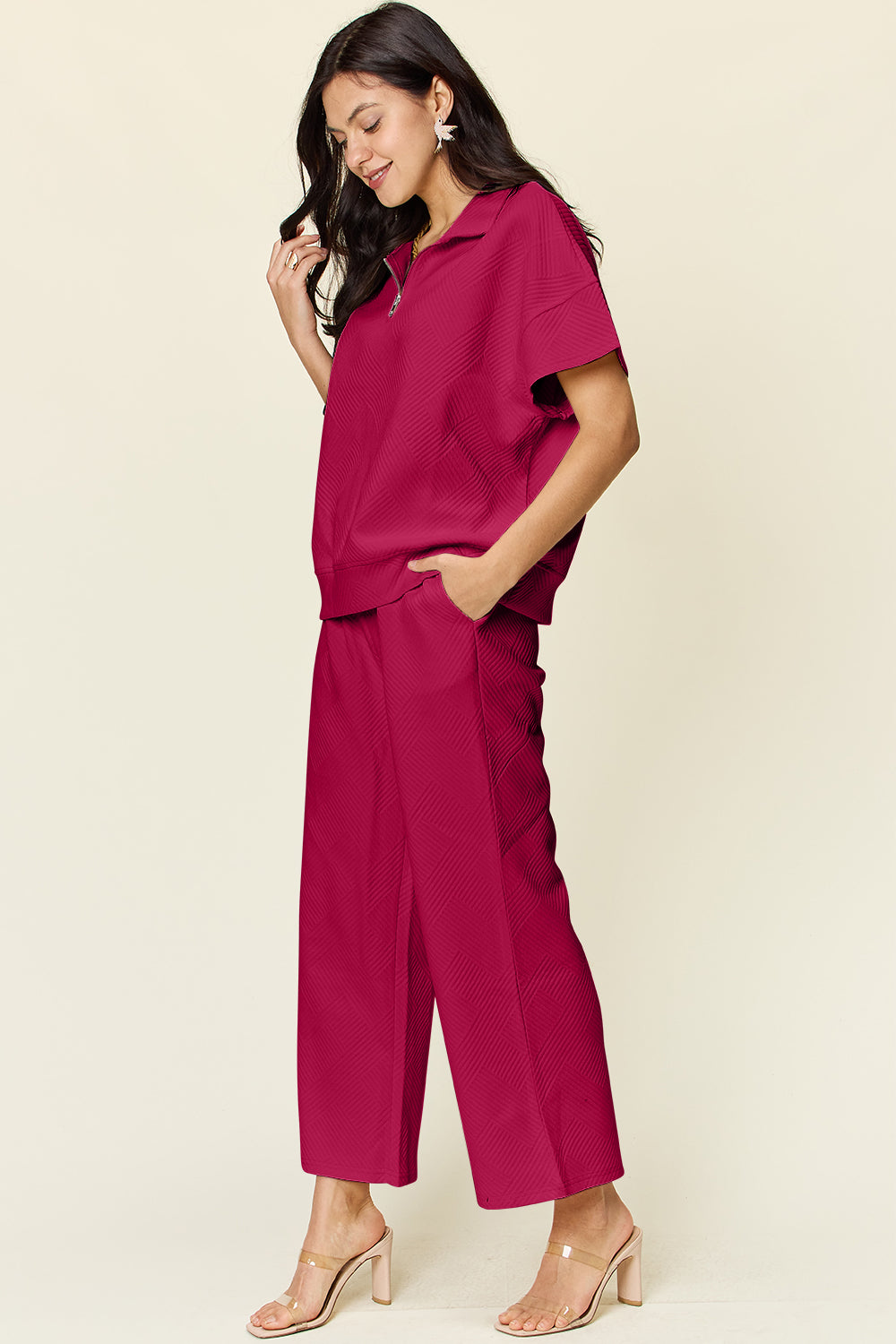 Double Take Full Size Texture Half Zip Short Sleeve Top and Pants Set 