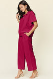 Double Take Full Size Texture Half Zip Short Sleeve Top and Pants Set 