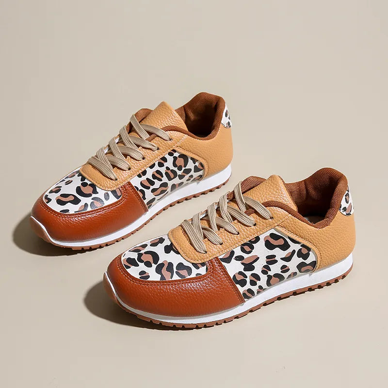 Leopard Round Toe Lace Up Sneakers 