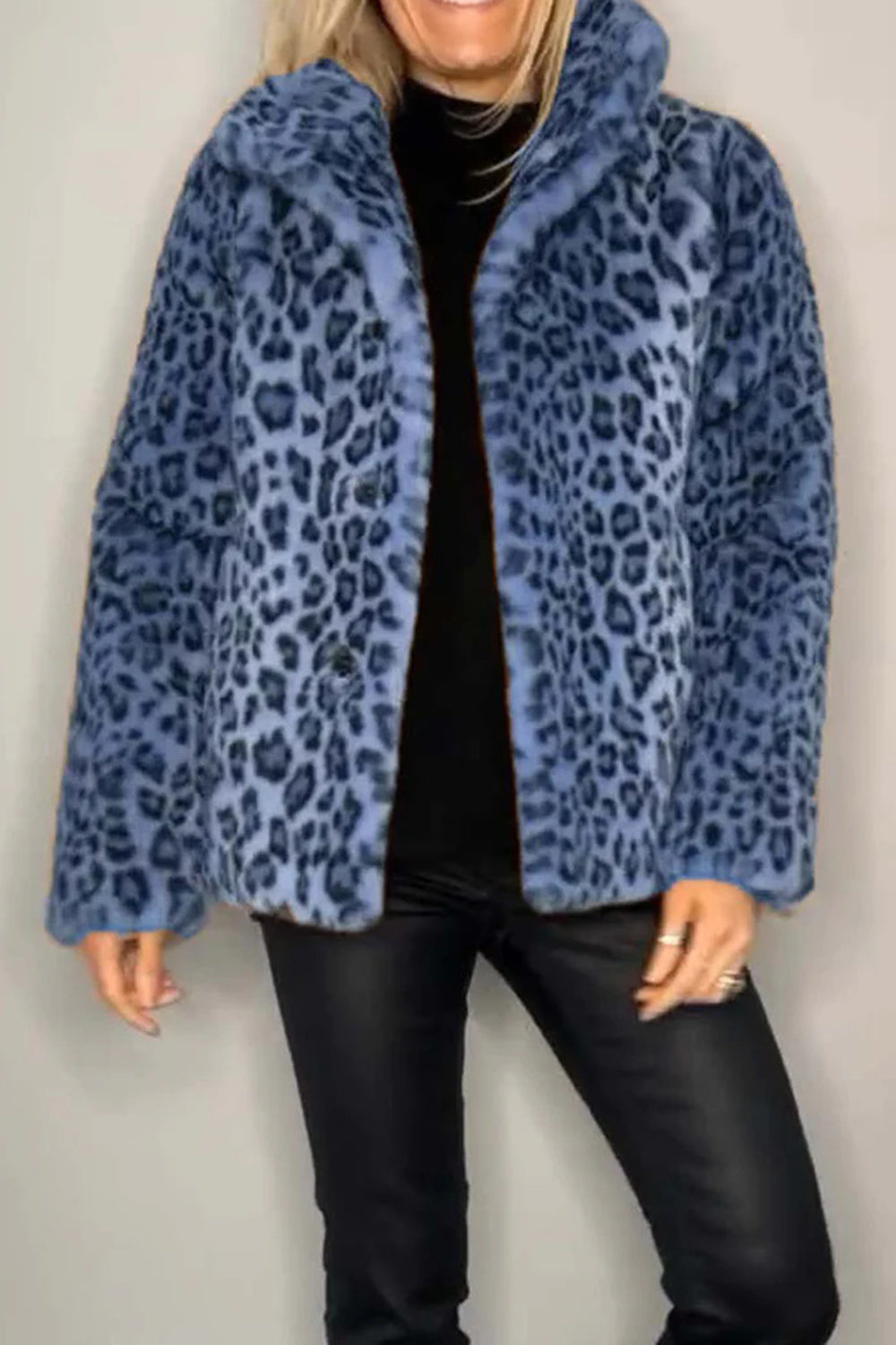 Full Size Leopard Furry Collared Neck Long Sleeve Coat 