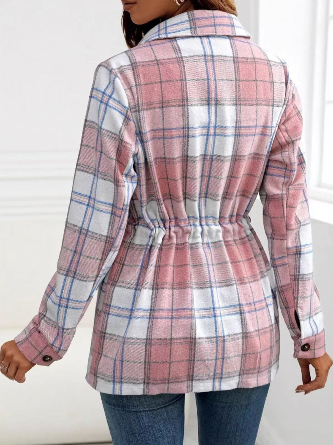 Drawstring Plaid Button Up Jacket with Chest Pockets 