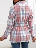 Drawstring Plaid Button Up Jacket with Chest Pockets 