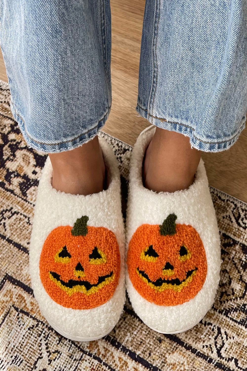 White Halloween Pumpkin Print Plush Slippers (Runs Small, Size Up) Shoes & Bags/Slippers