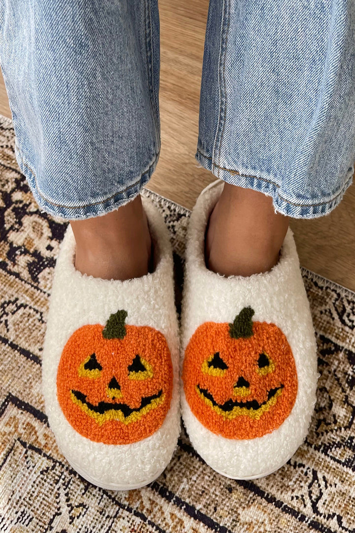 White Halloween Pumpkin Print Plush Slippers (Runs Small, Size Up) Shoes & Bags/Slippers