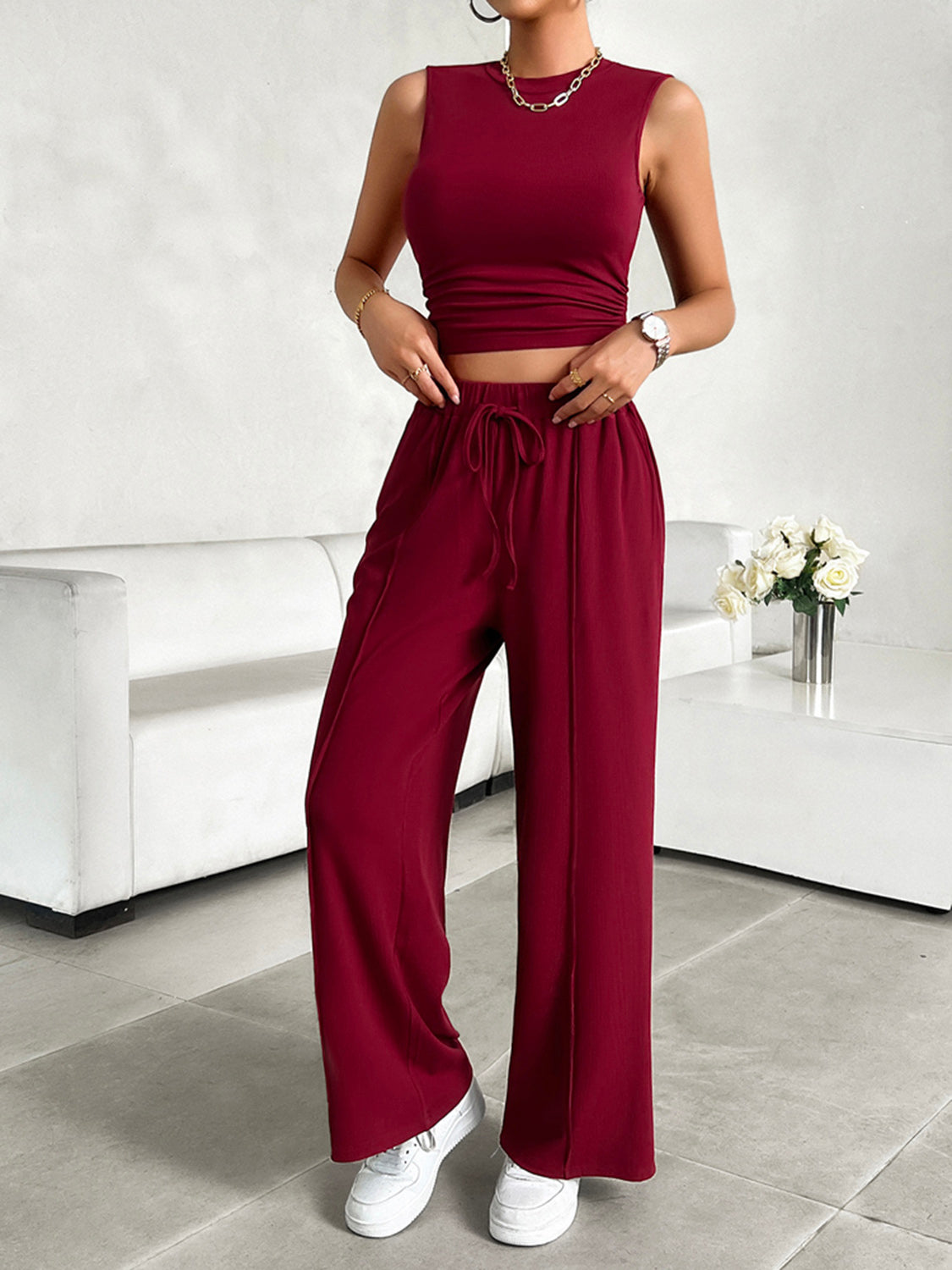Devine Mock Neck Sleeveless Top and Drawstring Pants Set 