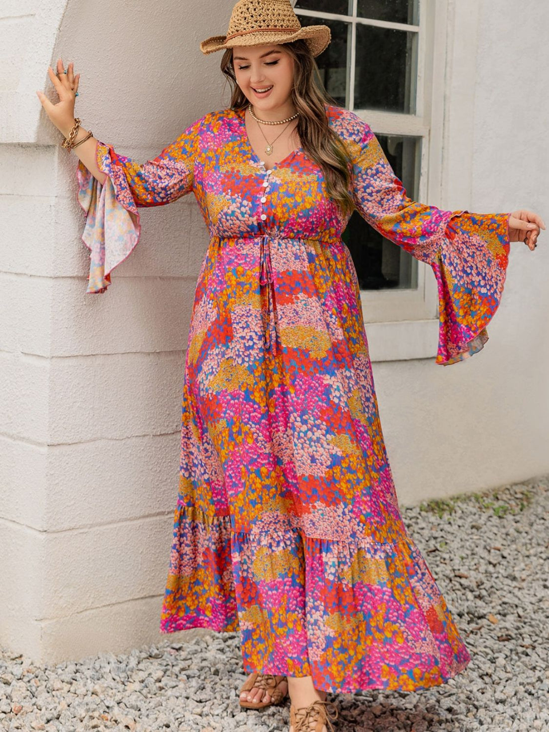 Plus Size Printed V-Neck Long Sleeve Maxi Dress 