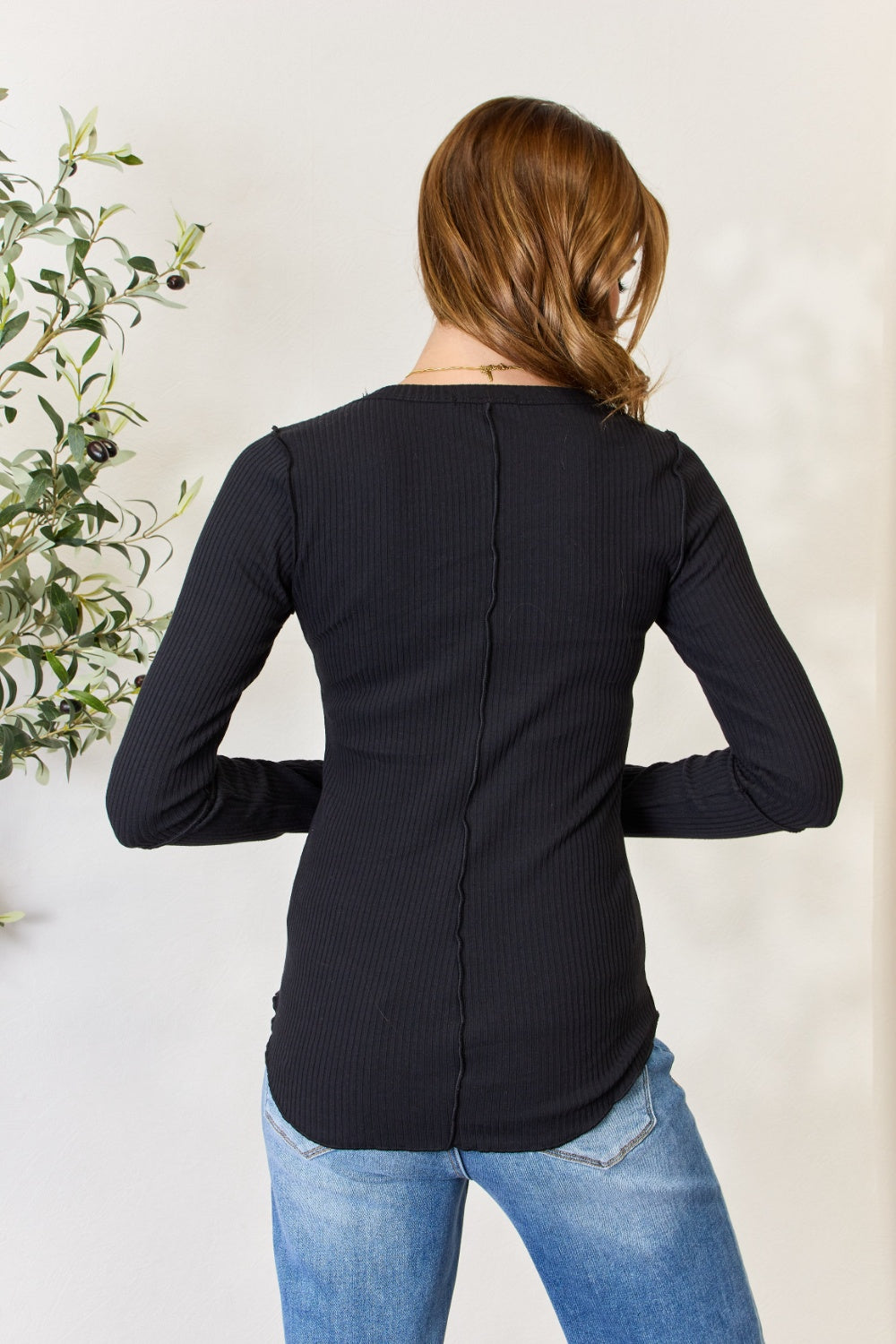Culture Code Full Size Ribbed Round Neck Long Sleeve Top 