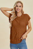 Double Take Full Size Cable-Knit Round Neck Cap Sleeve Sweater 