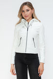 Snobbish Faux Leather Zip Up Drawstring Hooded Jacket 