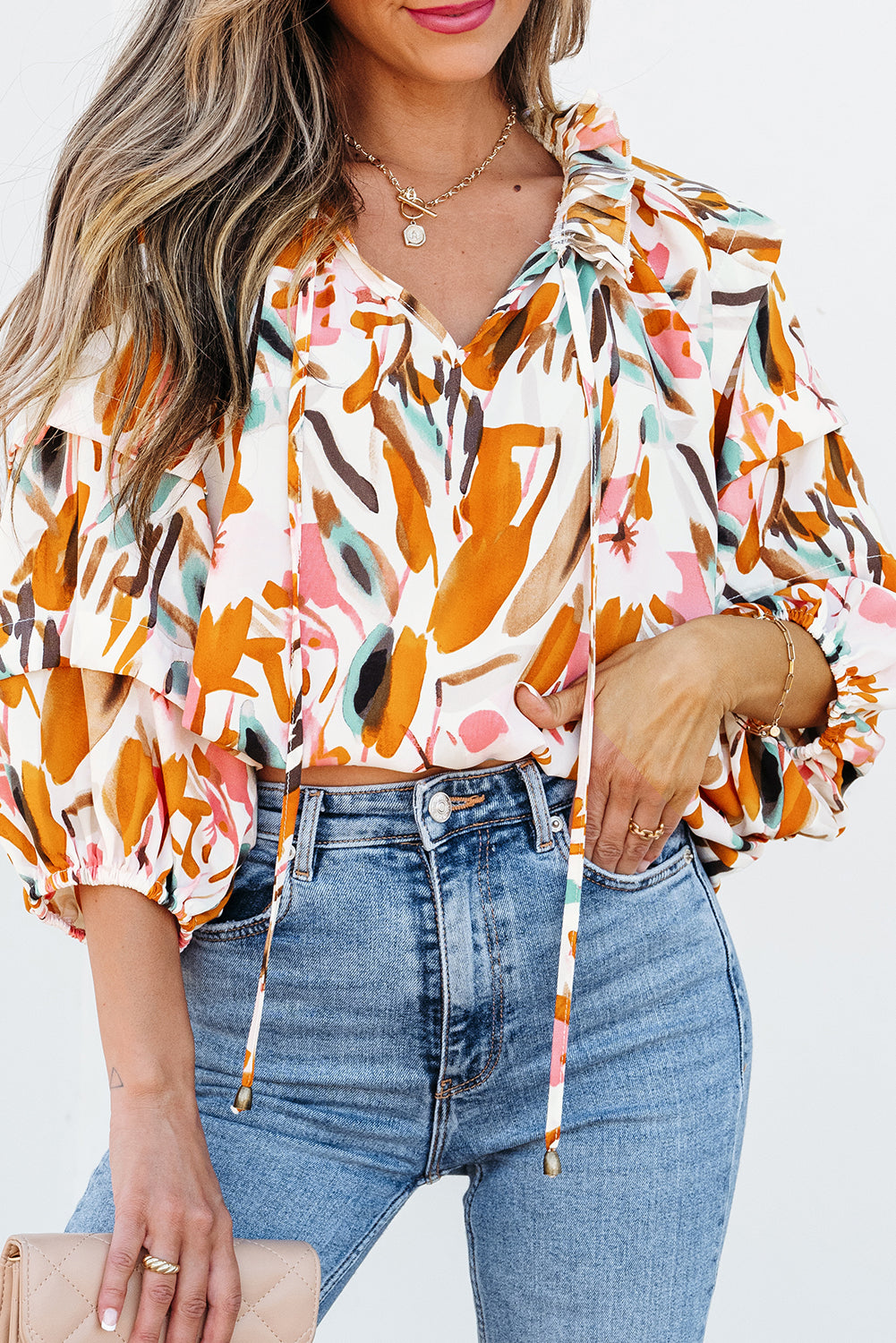 Yellow Abstract Print Drawstring Frilled V Neck 3/4 Sleeve Blouse Tops/Blouses & Shirts